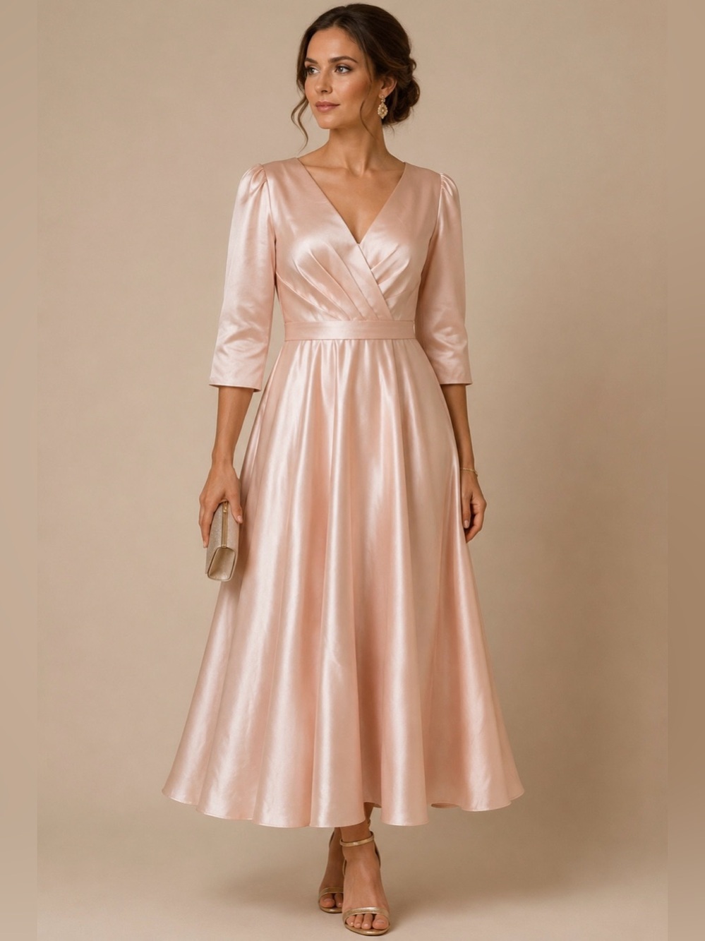 Satin Blush Pink V-Neck Long Sleeve Midi Dress